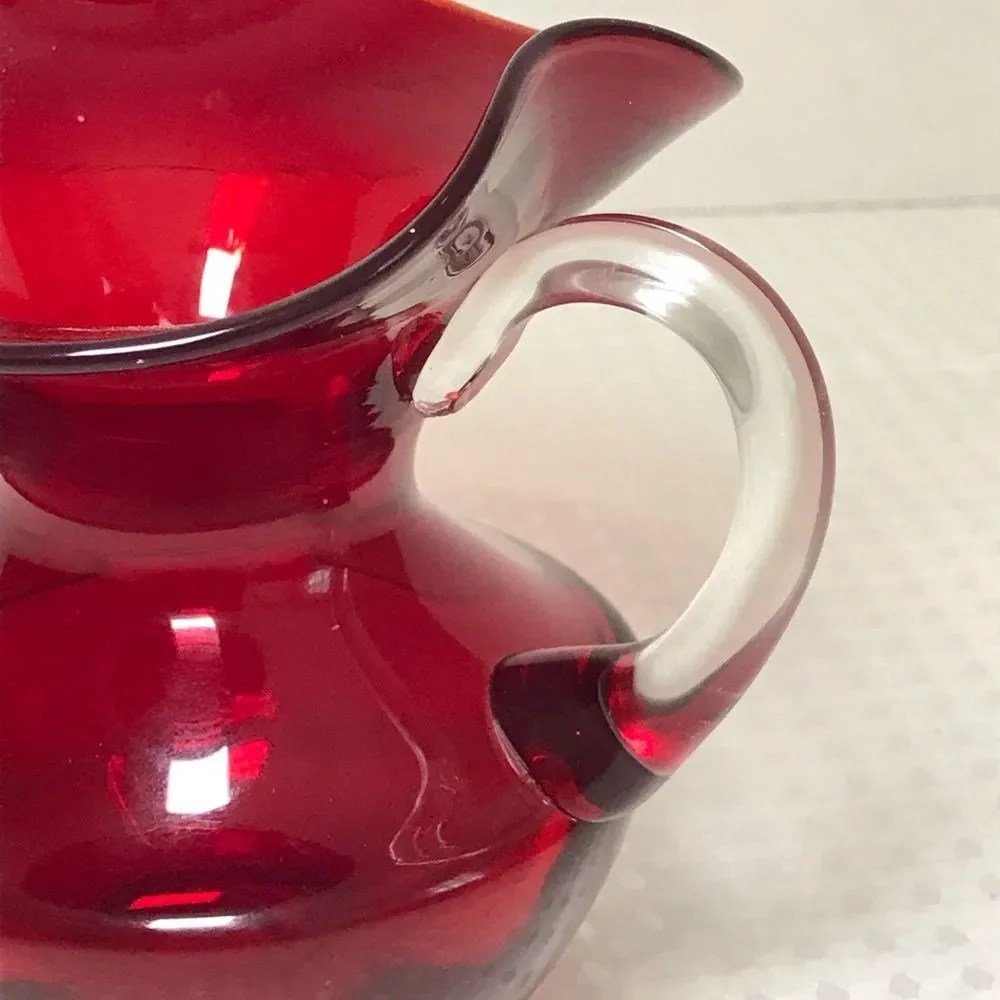 Hand Blown Ruby Red Art Glass Fluted Pitcher Clear Applied Handle 5.5 Inches